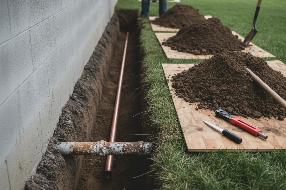Excavated water line trench during Sewer Line Repair in Victor